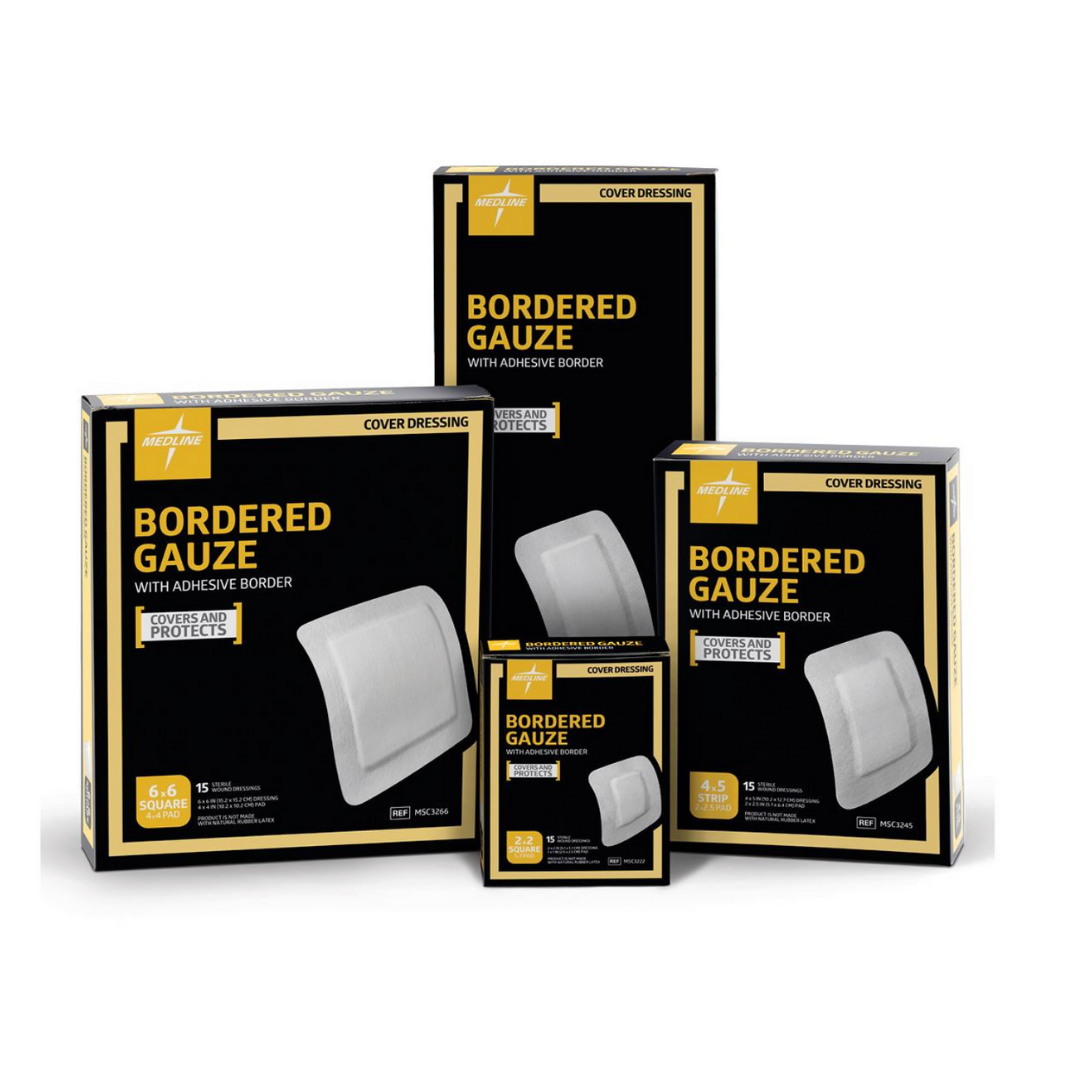Four boxes of Medline Bordered Gauze Adhesive Island Wound Dressings in assorted sizes are shown, each with a black and yellow design displaying an image and product info highlighting the soft absorbent pad on the front.